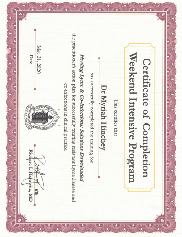 Horowitz Certificate of Completion for Lyme Disease and Co infections